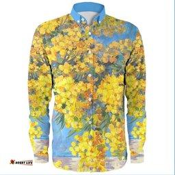 Australia Golden Wattle Long Sleeve Button Shirts - Golden Wattle Bouquet Blue Background Oil Painting Art  Long Sleeve Button Shirts