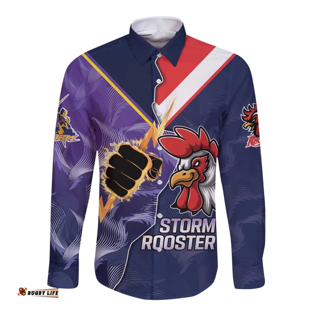 NRL Storm-Rooster Mascot Custom Long Sleeve Button Shirt Cracked Metal Style