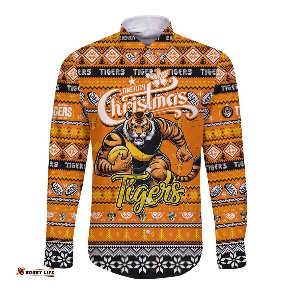 Personalized Tigers Football Xmas Long Sleeve Button Shirt Australia AFL Mascot