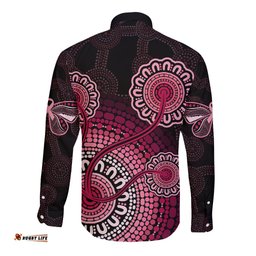 Australia Indigenous Long Sleeve Button Shirt Breast Cancer Ribbon Aboriginal Art Black