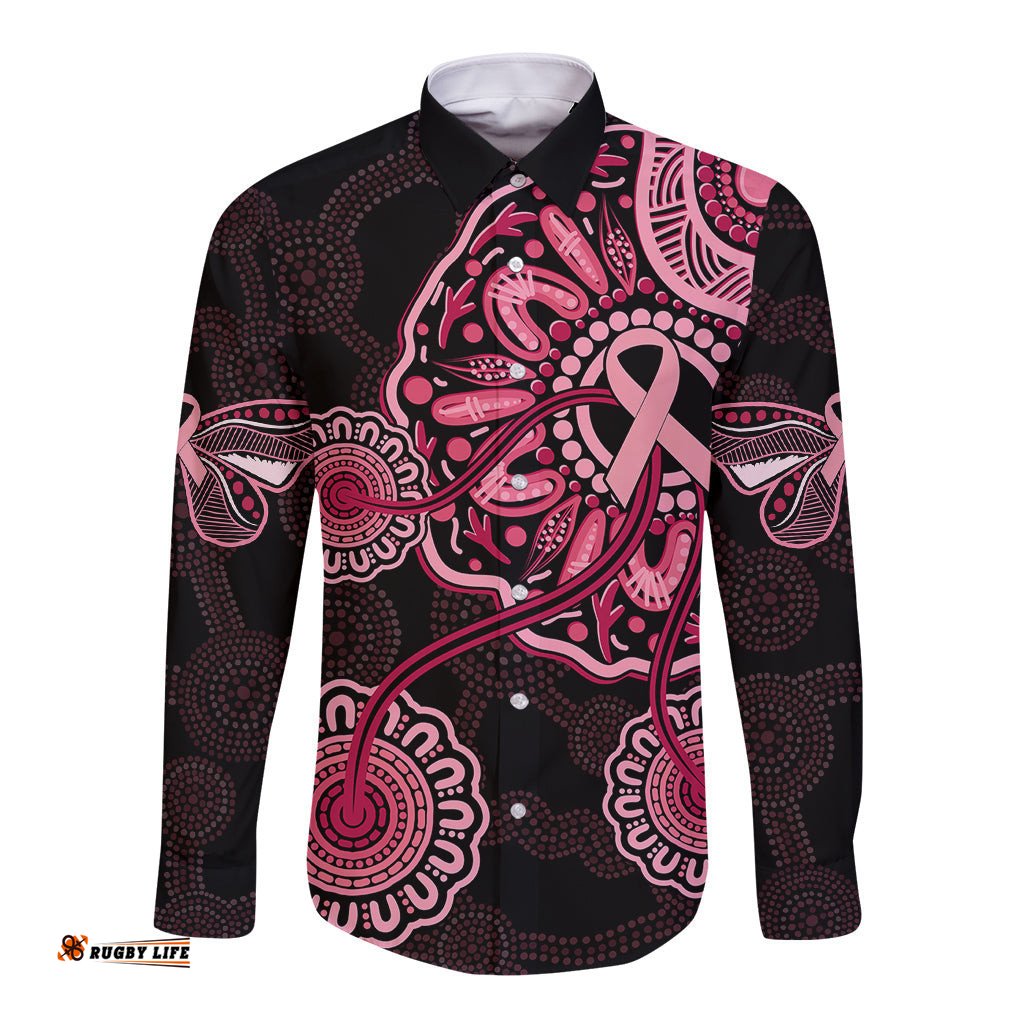 Australia Indigenous Long Sleeve Button Shirt Breast Cancer Ribbon Aboriginal Art Black