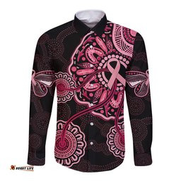 Australia Indigenous Long Sleeve Button Shirt Breast Cancer Ribbon Aboriginal Art Black