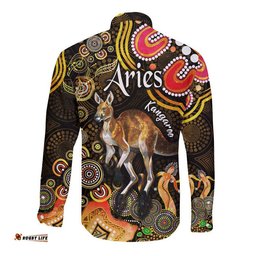 Australian Astrology Hawaii Long Sleeve Button Shirt Aries Kangaroo Zodiac Aboriginal Vibes Gold