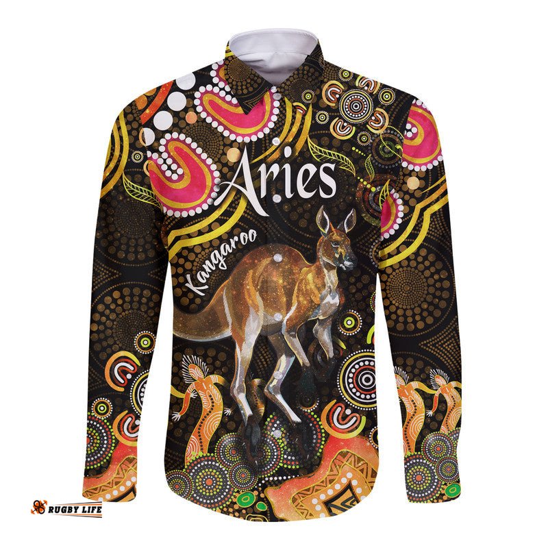 Australian Astrology Hawaii Long Sleeve Button Shirt Aries Kangaroo Zodiac Aboriginal Vibes Gold