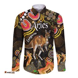 Australian Astrology Hawaii Long Sleeve Button Shirt Aries Kangaroo Zodiac Aboriginal Vibes Gold