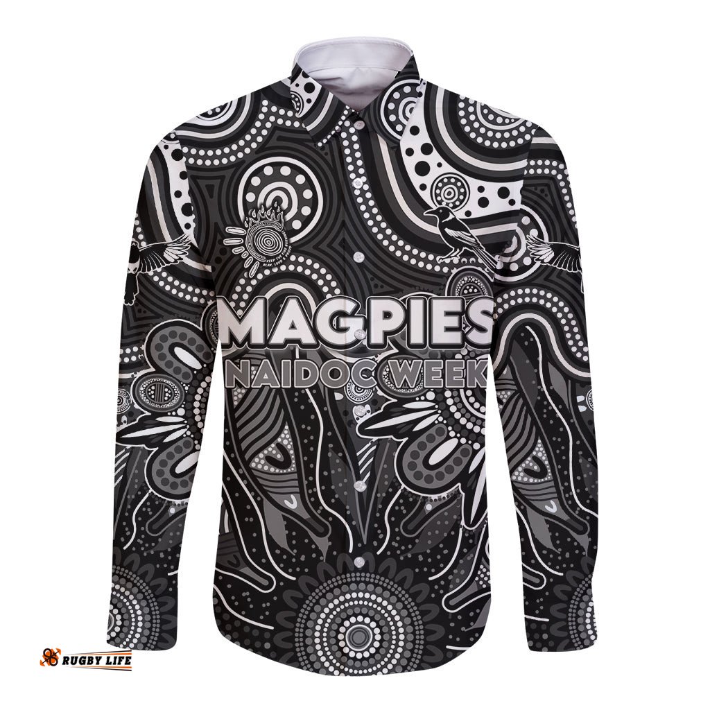 Personalised Magpies NAIDOC Week 2024 Long Sleeve Button Shirt Aussie Aboriginal Art