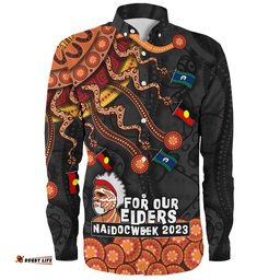 Australia Naidoc Week Long Sleeve Button Shirt - For Our Elders Naidoc Week Snake Aboriginal Painting With Flag
