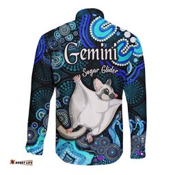 Australian Astrology Hawaii Long Sleeve Button Shirt Gemini Sugar Glider Zodiac Aboriginal Vibes Blue