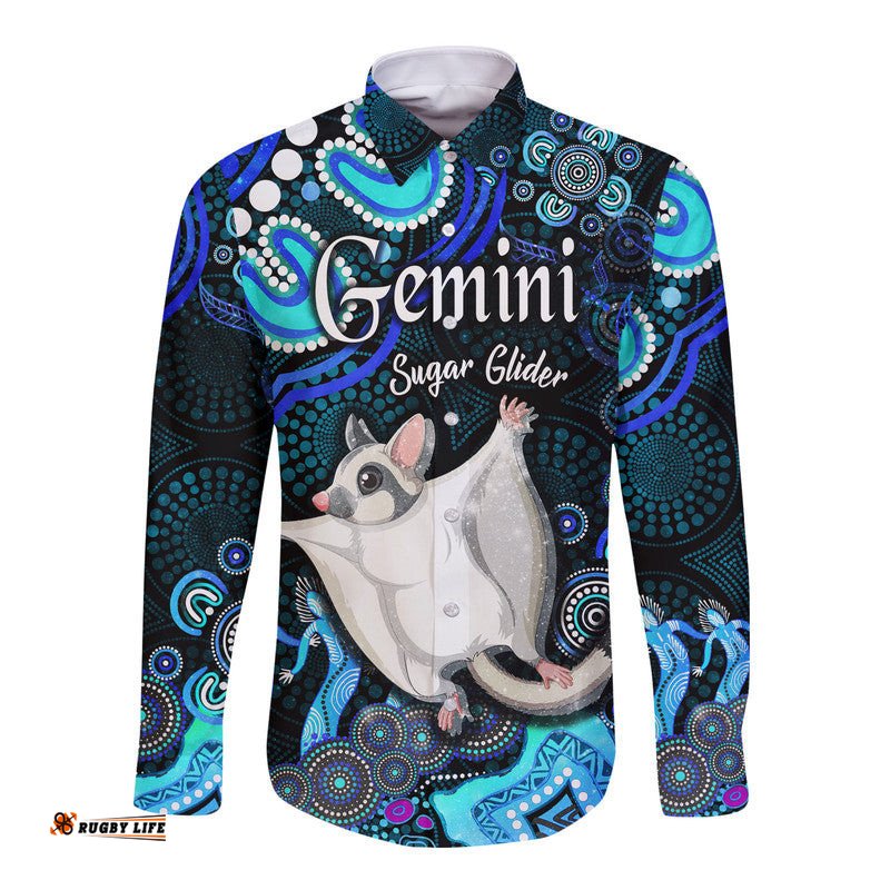 Australian Astrology Hawaii Long Sleeve Button Shirt Gemini Sugar Glider Zodiac Aboriginal Vibes Blue