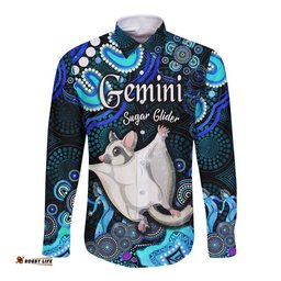 Australian Astrology Hawaii Long Sleeve Button Shirt Gemini Sugar Glider Zodiac Aboriginal Vibes Blue