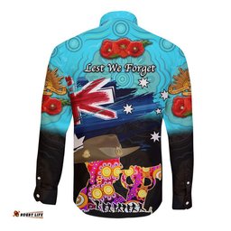 Australia Aboriginal ANZAC Hawaii Long Sleeve Button Shirt Remembrance Vibes Blue