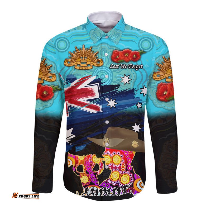 Australia Aboriginal ANZAC Hawaii Long Sleeve Button Shirt Remembrance Vibes Blue