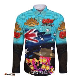 Australia Aboriginal ANZAC Hawaii Long Sleeve Button Shirt Remembrance Vibes Blue