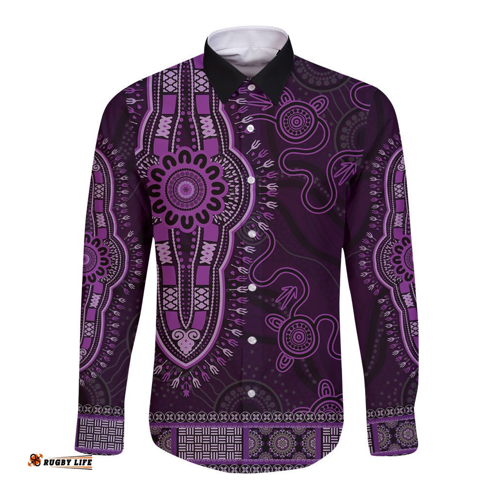 Purple African Dashiki With Australia Aboriginal Art Long Sleeve Button Shirt