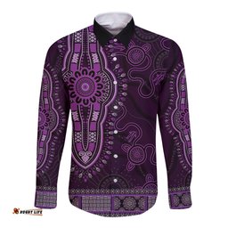 Purple African Dashiki With Australia Aboriginal Art Long Sleeve Button Shirt
