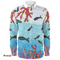 Australia Aboriginal Long Sleeve Button Shirts - Underwater Concept Aboriginal Art With Fish Long Sleeve Button Shirts
