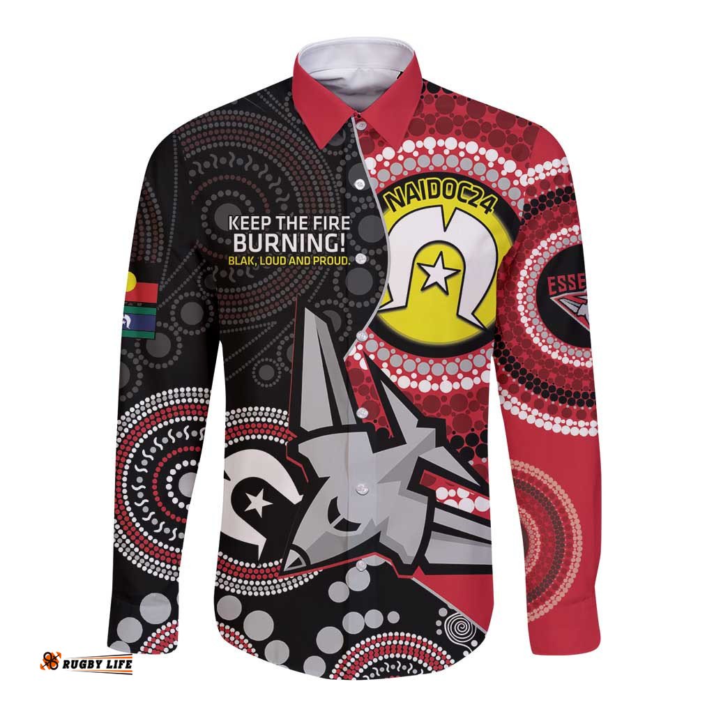 Custom AFL Essendon NAIDOC Week Long Sleeve Button Shirt Keep The Fire Burning Indigenous Art