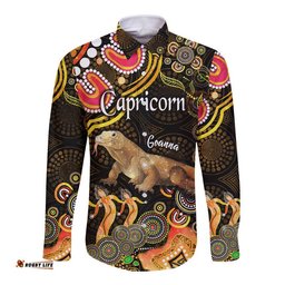 Australian Astrology Hawaii Long Sleeve Button Shirt Capricorn Goanna Zodiac Aboriginal Vibes Gold
