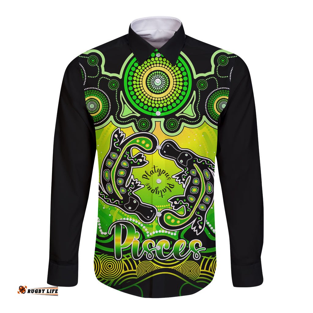 Personalised Australia Pisces Platypus Zodiac Long Sleeve Button Shirt Auz Astrology Aboriginal Green