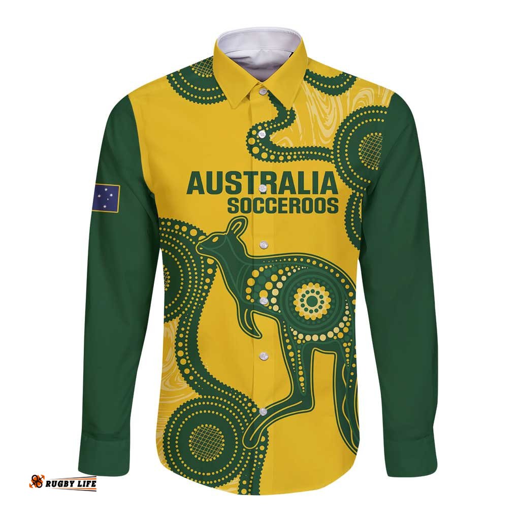 Custom Australia Soccer Long Sleeve Button Shirt Go Socceroos Kangaroo With Indigenous Art