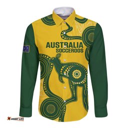 Custom Australia Soccer Long Sleeve Button Shirt Go Socceroos Kangaroo With Indigenous Art