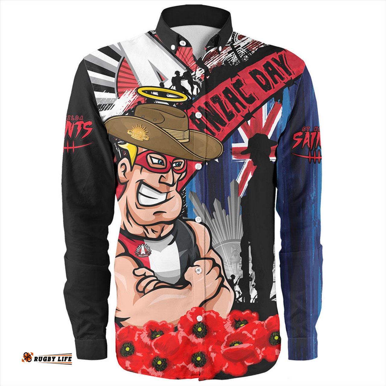 St Kilda Long Sleeve Button Shirt Anzac Day Honor United In Spirit