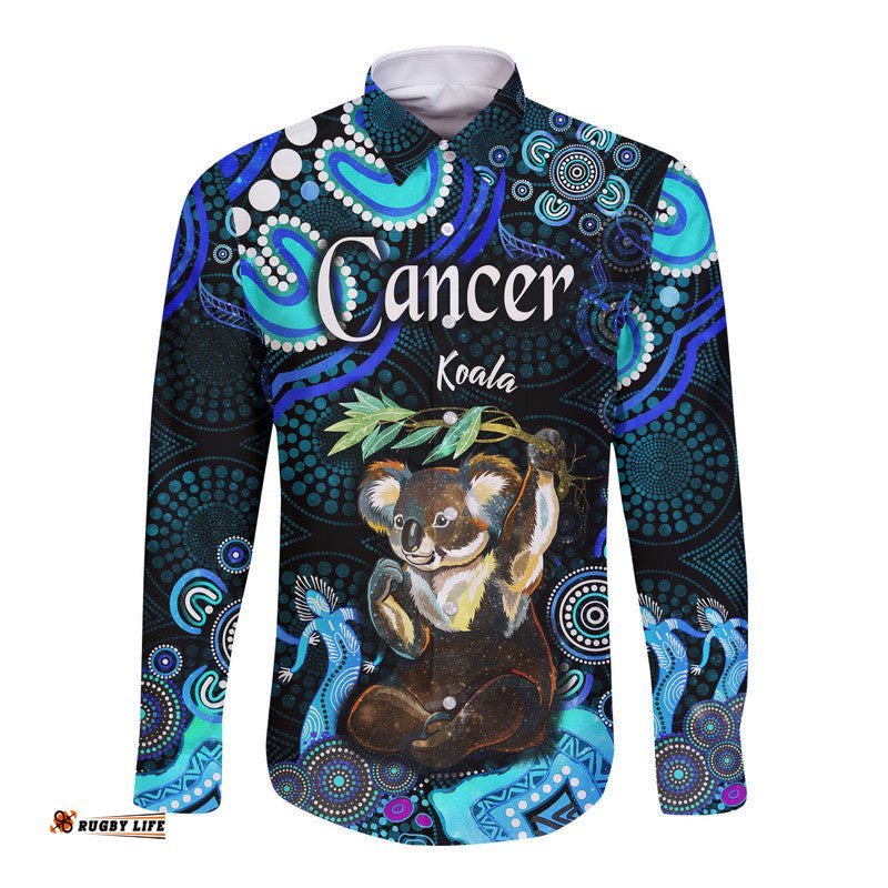 Australian Astrology Hawaii Long Sleeve Button Shirt Cancer Koala Zodiac Aboriginal Vibes Blue