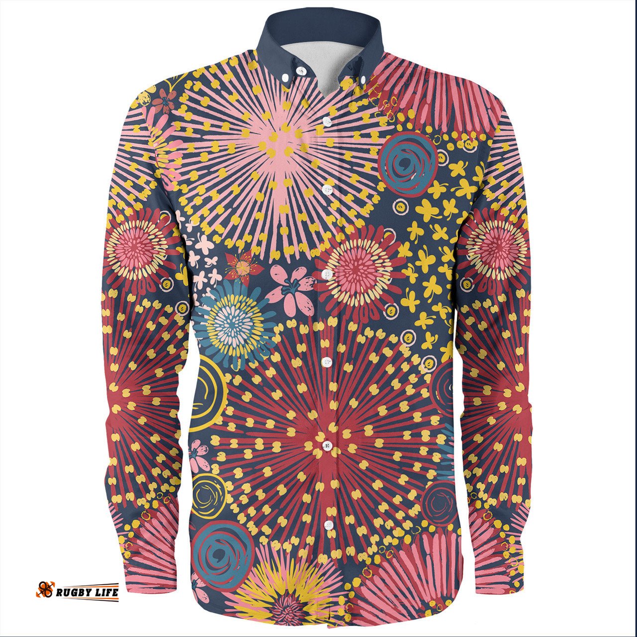 Australia Blooming Bright Flowers Long Sleeve Button Shirts - Blooming Bright Flowers Meadow Seamless Art Inspired Long Sleeve Button Shirts