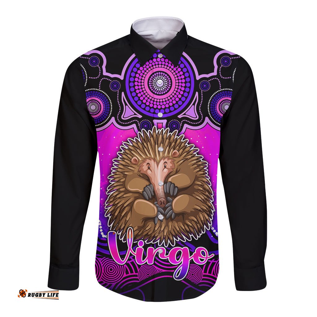 Personalised Australia Virgo Echidna Zodiac Long Sleeve Button Shirt Auz Astrology Aboriginal - Magenta