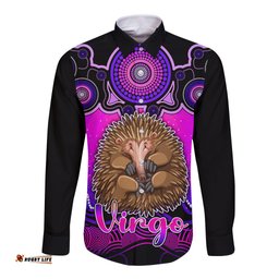 Personalised Australia Virgo Echidna Zodiac Long Sleeve Button Shirt Auz Astrology Aboriginal - Magenta