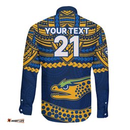 Custom Eels Rugby Long Sleeve Button Shirt Polynesian and Aboriginal Vibe