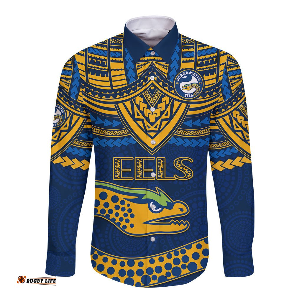 Custom Eels Rugby Long Sleeve Button Shirt Polynesian and Aboriginal Vibe