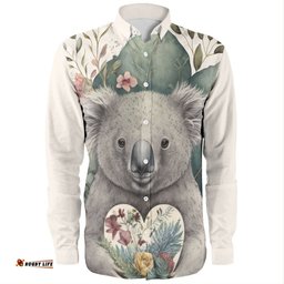 Australia Koala Long Sleeve Button Shirts -  Koala Holding A Heart Adorned With Flowers Long Sleeve Button Shirts