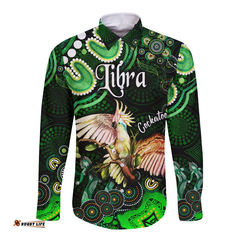 Australian Astrology Hawaii Long Sleeve Button Shirt Libra Cockatoo Glider Zodiac Aboriginal Vibes Green