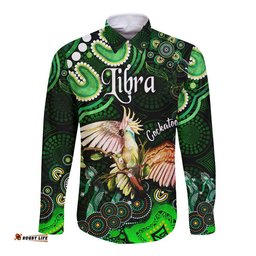 Australian Astrology Hawaii Long Sleeve Button Shirt Libra Cockatoo Glider Zodiac Aboriginal Vibes Green