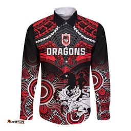Personalised Dragons Rugby Long Sleeve Button Shirt Saints 1998 Aboriginal Mix Polynesian Pattern