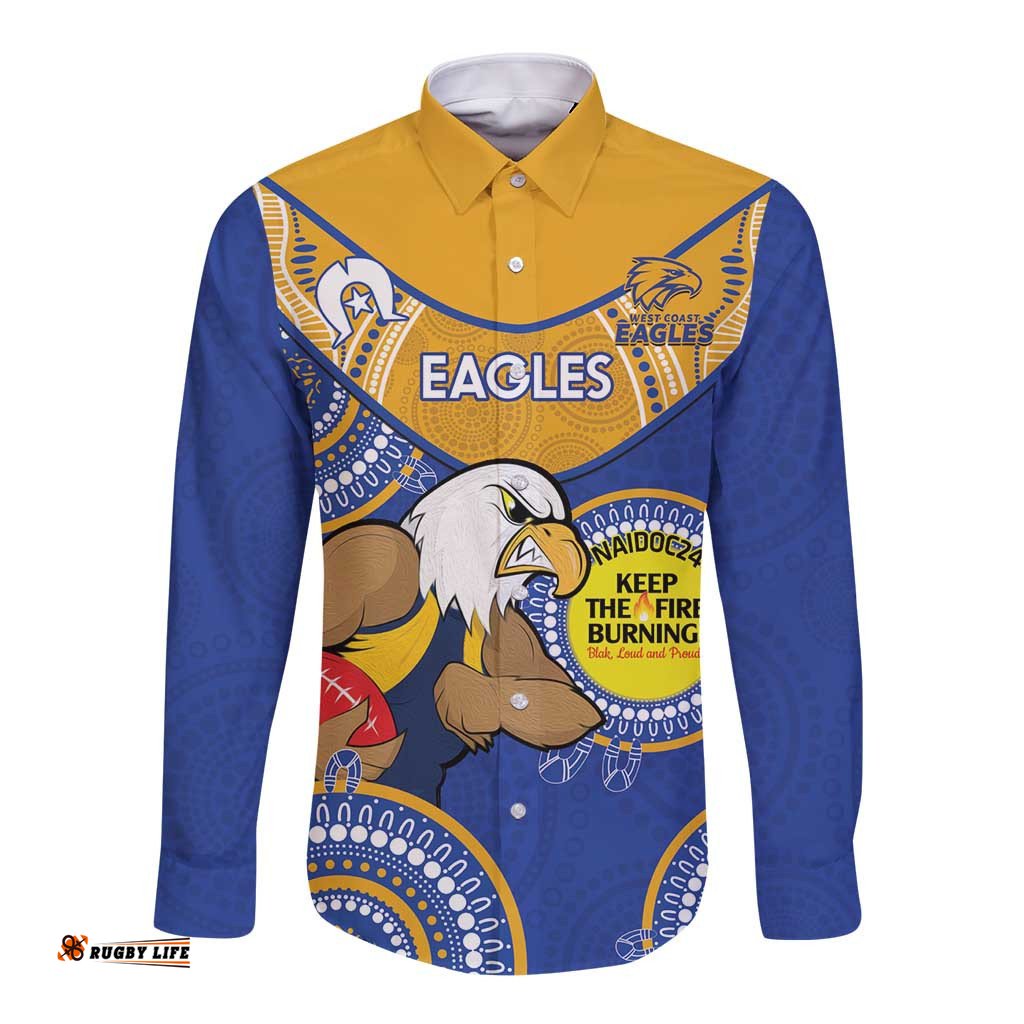 Custom AFL Eagles NAIDOC Week Long Sleeve Button Shirt Keep The Fire Burning Indigenous Art