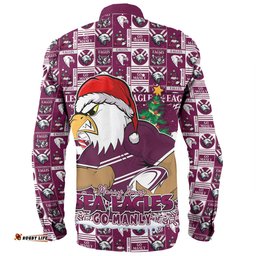 Manly Warringah Sea Eagles Long Sleeve Button Shirt Merry Ugly Christmas Comic Style