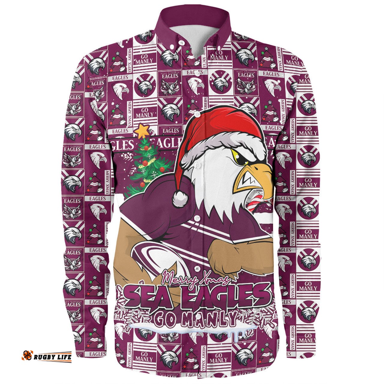 Manly Warringah Sea Eagles Long Sleeve Button Shirt Merry Ugly Christmas Comic Style