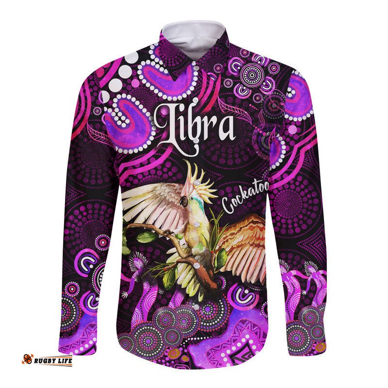 Australian Astrology Hawaii Long Sleeve Button Shirt Libra Cockatoo Glider Zodiac Aboriginal Vibes Pink