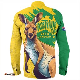 Australia Long Sleeve Button Shirt Australia Day Kangaroo Art With Aboriginal Pattern Inspired