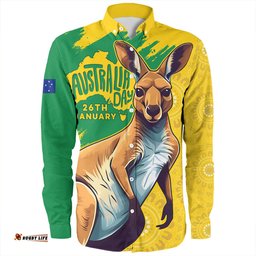 Australia Long Sleeve Button Shirt Australia Day Kangaroo Art With Aboriginal Pattern Inspired