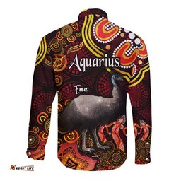 Australian Astrology Hawaii Long Sleeve Button Shirt Aquarius Emu Glider Zodiac Aboriginal Vibes Red
