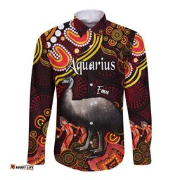 Australian Astrology Hawaii Long Sleeve Button Shirt Aquarius Emu Glider Zodiac Aboriginal Vibes Red