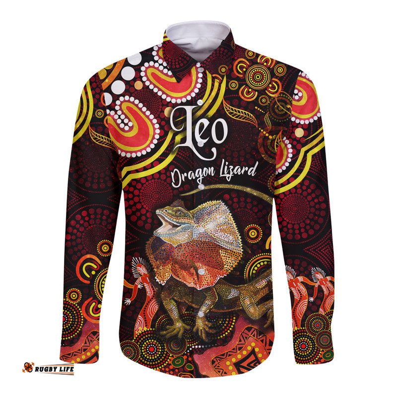 Australian Astrology Hawaii Long Sleeve Button Shirt Leo Dragon Lizard Zodiac Aboriginal Vibes Red