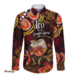 Australian Astrology Hawaii Long Sleeve Button Shirt Leo Dragon Lizard Zodiac Aboriginal Vibes Red
