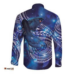 North Island Kokako and South Island Kokako Long Sleeve Button Shirt New Zealand Native Bird with Galaxy Vibe