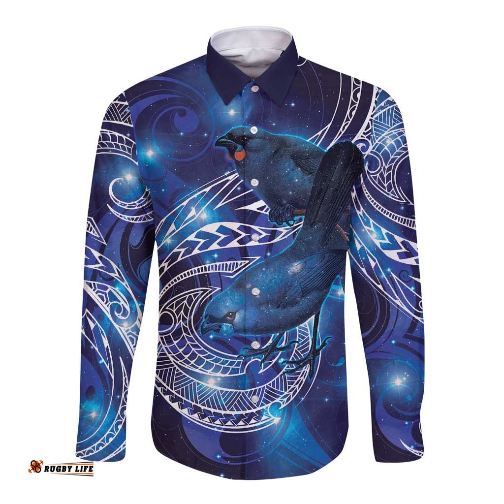 North Island Kokako and South Island Kokako Long Sleeve Button Shirt New Zealand Native Bird with Galaxy Vibe