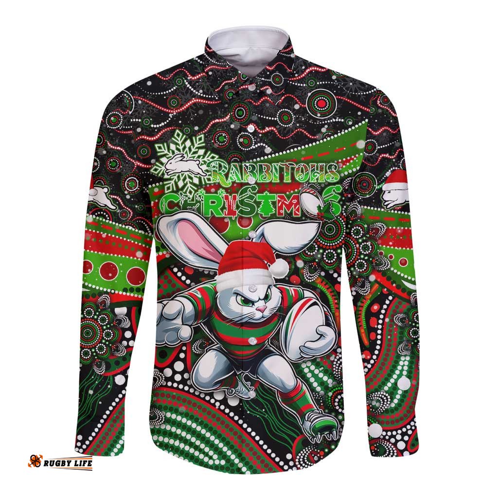 Merry Christmas Rabbitohs Long Sleeve Button Shirt Aboriginal Santa Rugby Mascot - South Sydney Bunnies