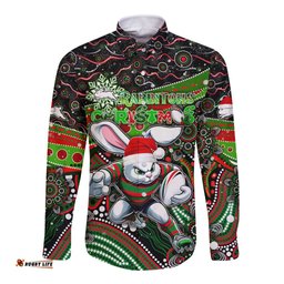 Merry Christmas Rabbitohs Long Sleeve Button Shirt Aboriginal Santa Rugby Mascot - South Sydney Bunnies